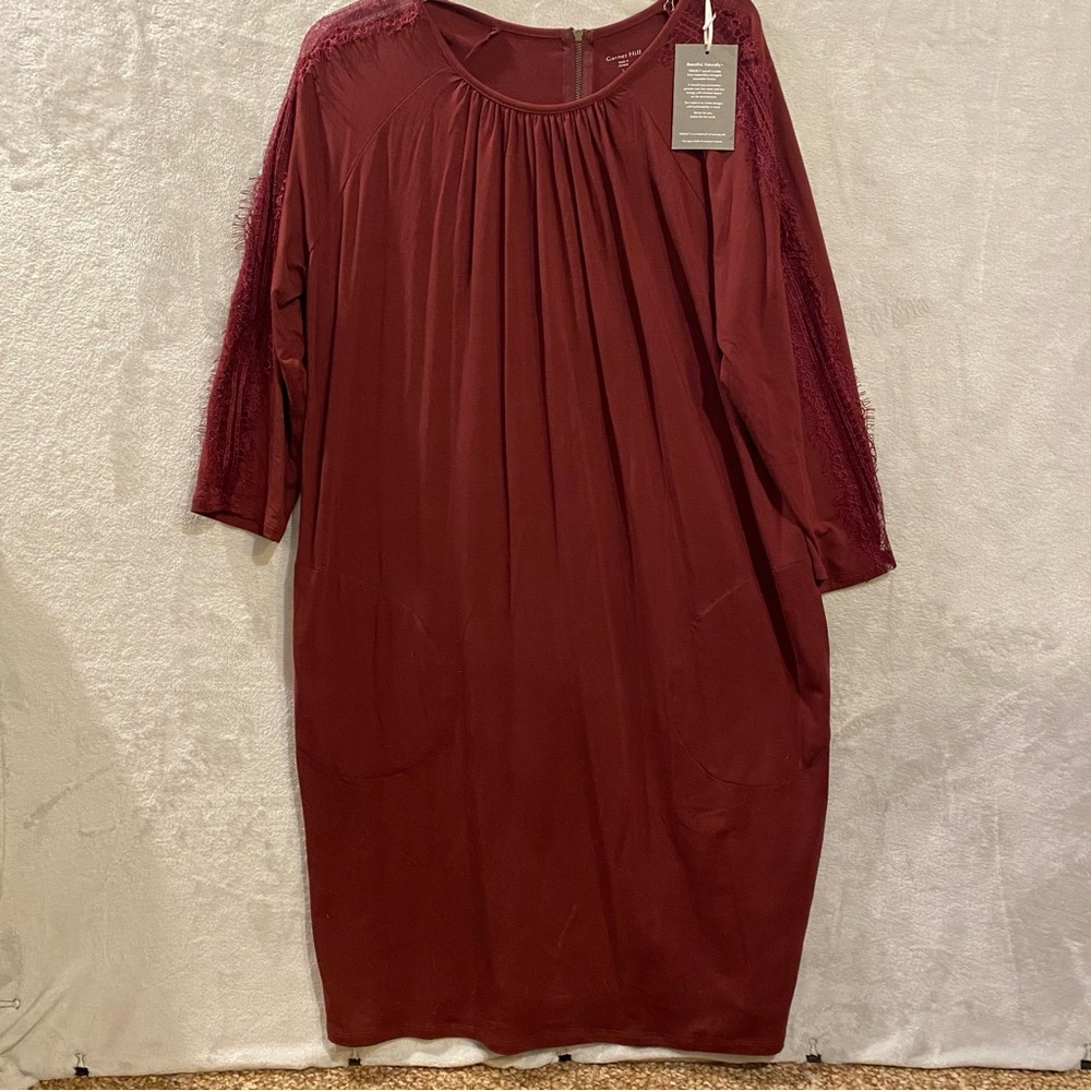 Garnet Hill Dress Women’s Large Burgundy 3/4 Sleeved Back Zipper Pockets New